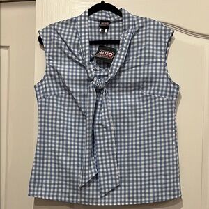 Retrolicious Blue Gingham Blouse with Bow Tie Neck - Large